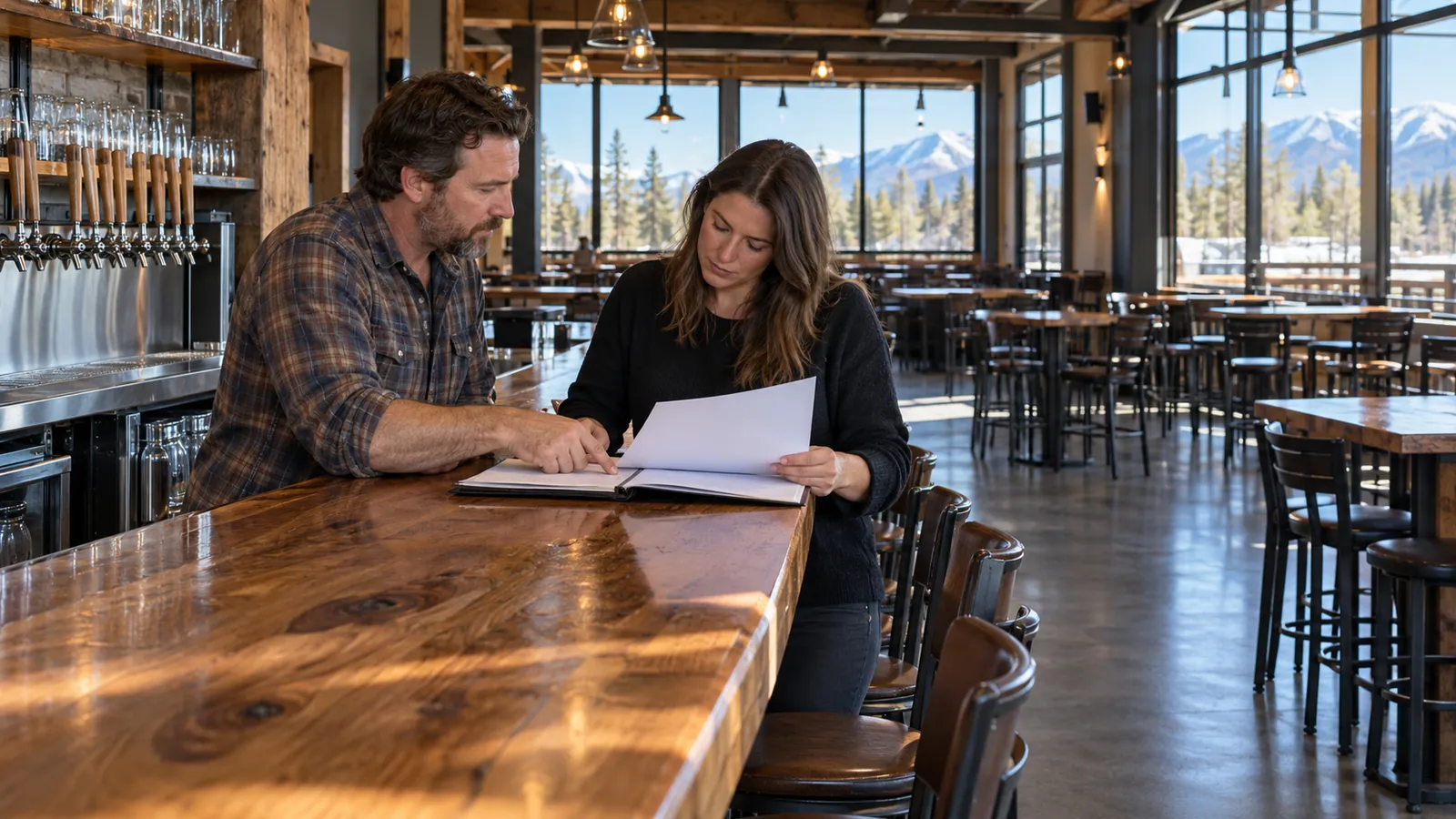 A bar owner and a buyer go over a folder of permits at the end of a wooden bar in an empty taproom