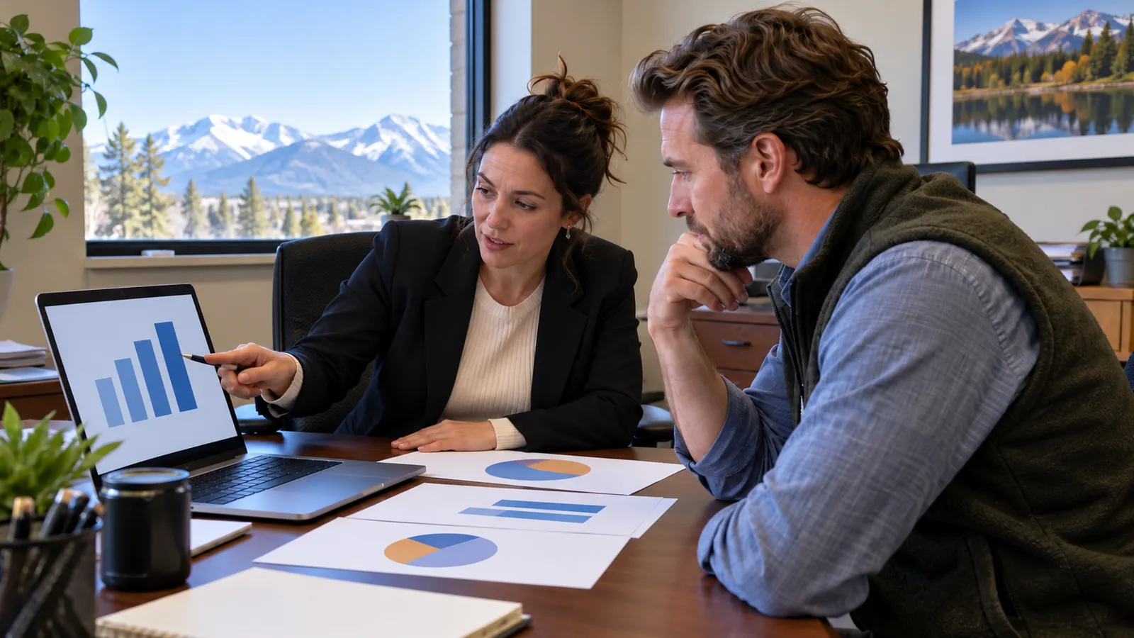 An office manager and a new owner compare payroll reports on a laptop in a small office