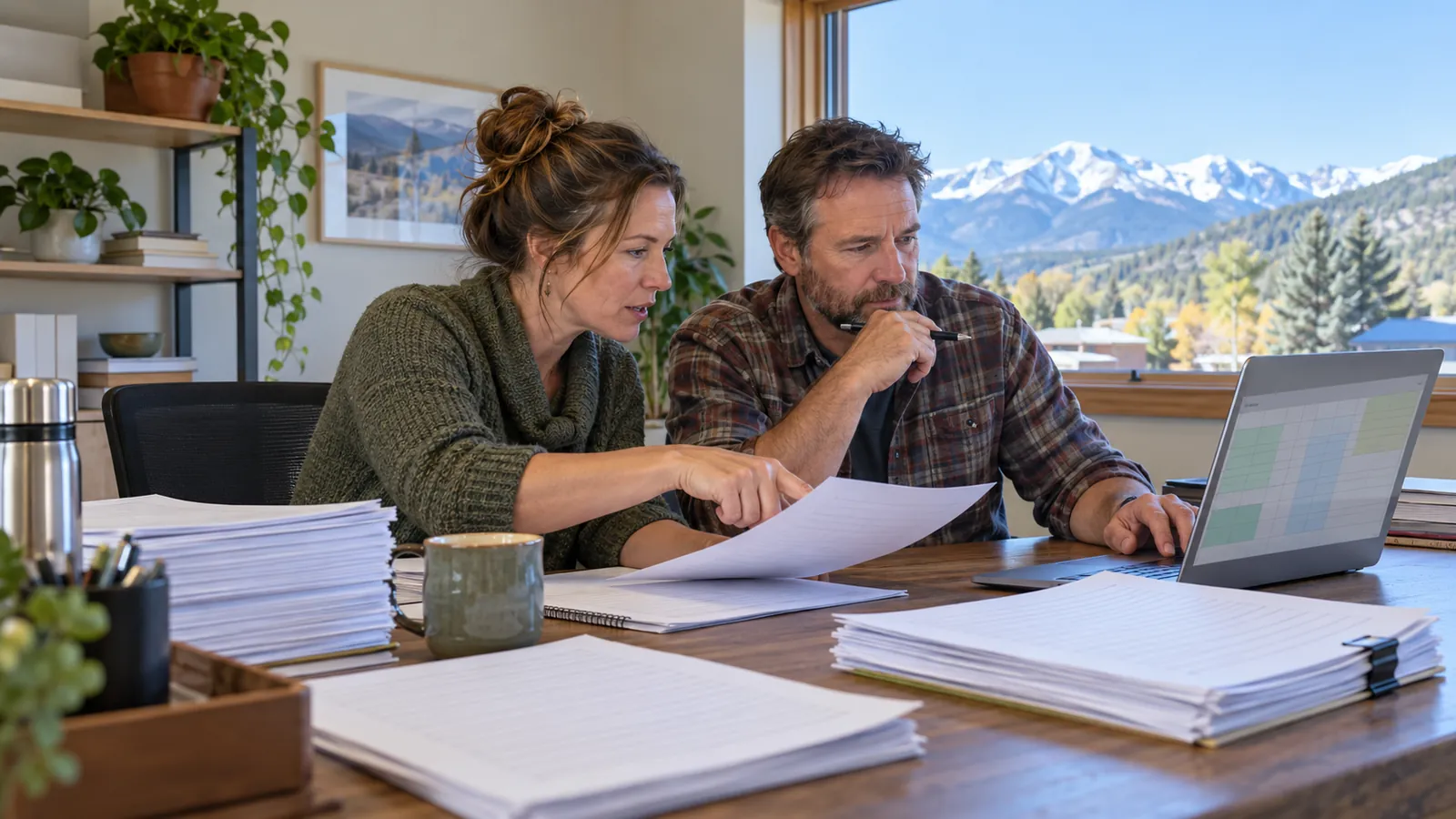 A bookkeeper and an owner match bank statements to a ledger on a laptop at a desk with stacks of paper