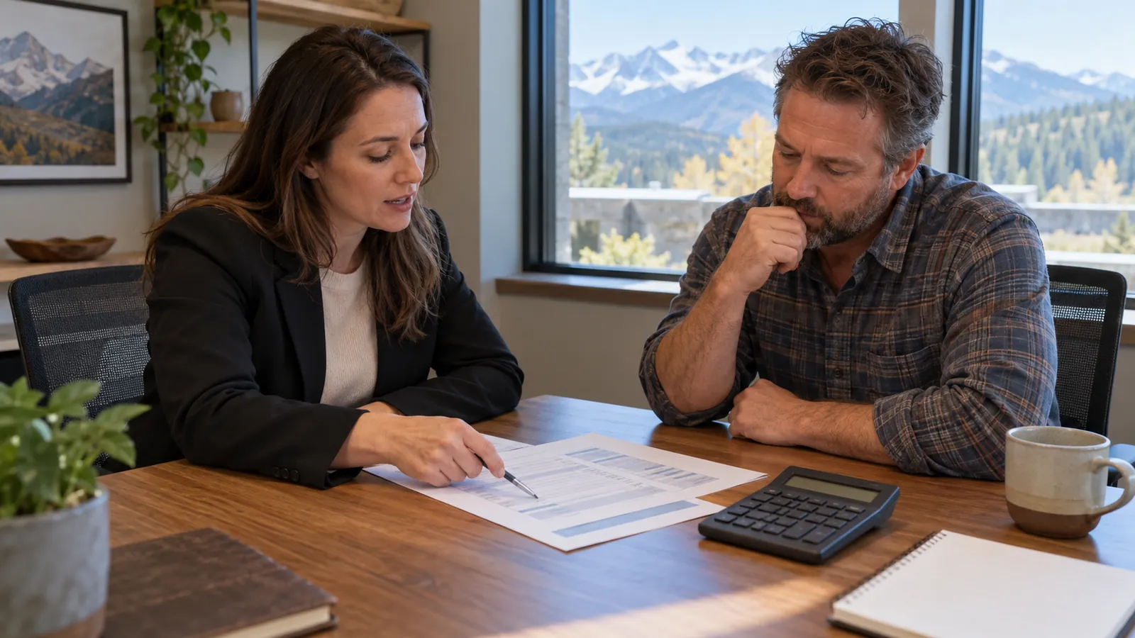 A buyer's analyst and a company owner study a printed profit and loss statement with a calculator