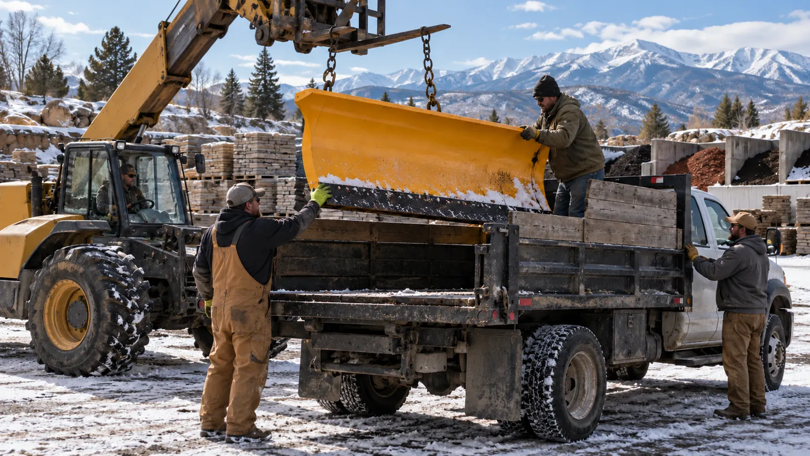 A landscaping crew loads a plow blade onto a work truck in a yard with stacked stone and mulch bins