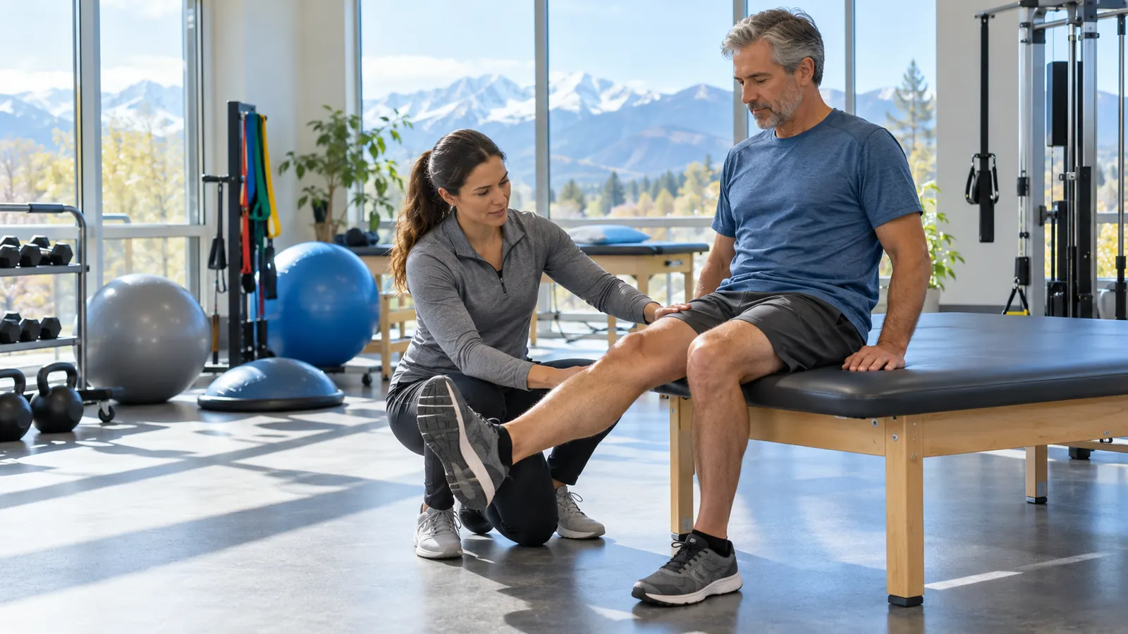 A physical therapist guides a patient through a knee exercise in a bright clinic